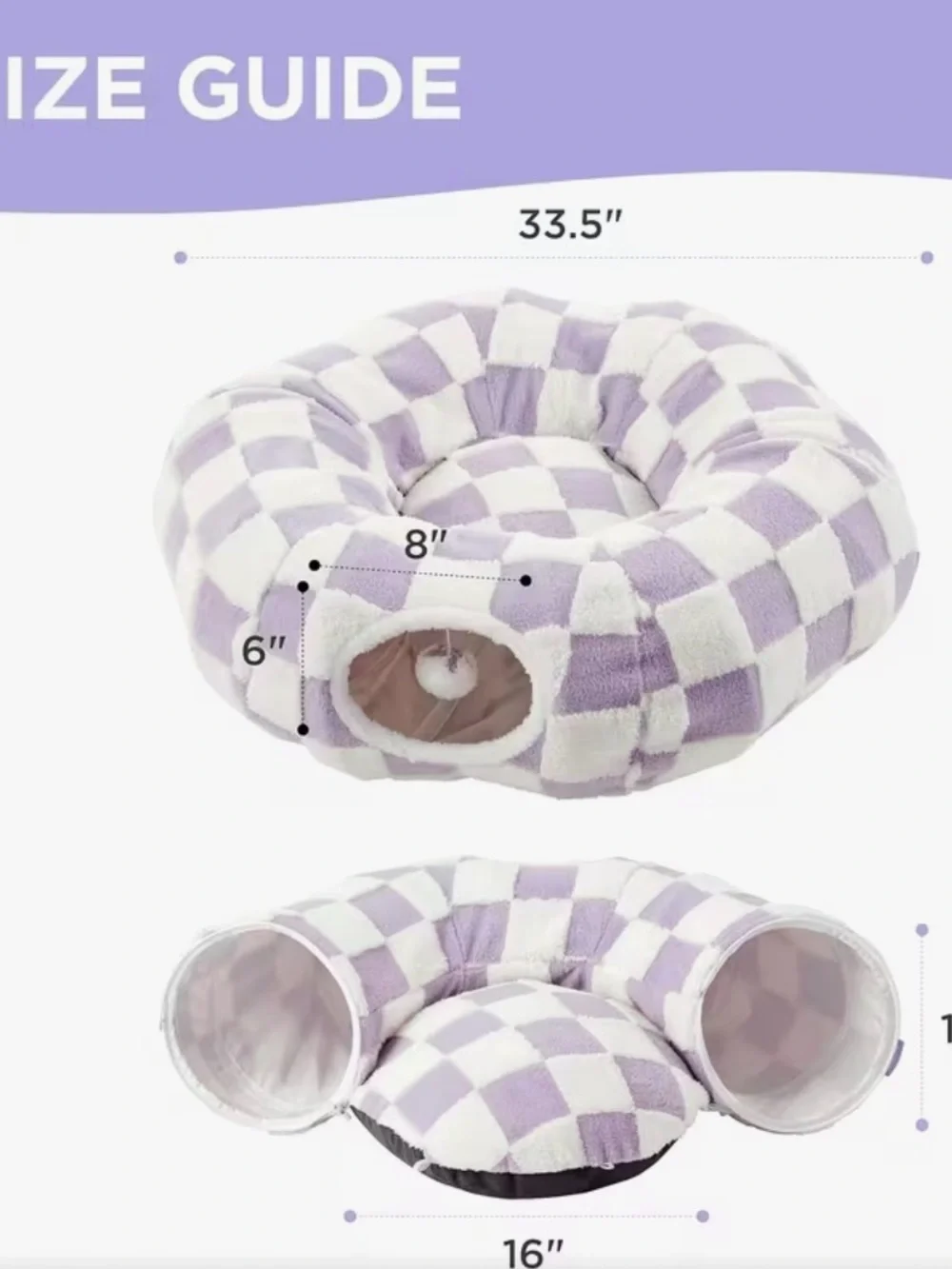 Plush Checkered Pet tunnel Bed in Lavender and White